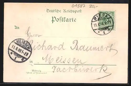 Lithographie Riesa, Rathaus mit Kirche, Kaiser Wilhelm-Platz, Bahnhof