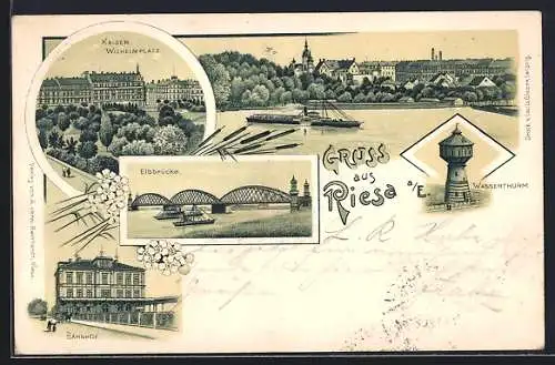 Lithographie Riesa a / E., Kaiser Wilhelmplatz, Elbbrücke, Bahnhof, Wasserturm