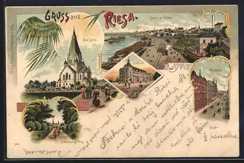 Lithographie Riesa, Panorama v.d. Brücke, Wettinerstr., Dampfbad und Neue Kirche