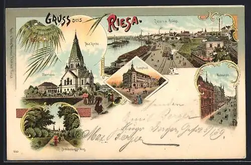 Lithographie Riesa, Pfarrhaus und Neue Kirche, Brandenburger Weg, Dampfbad, Wettinerstrasse