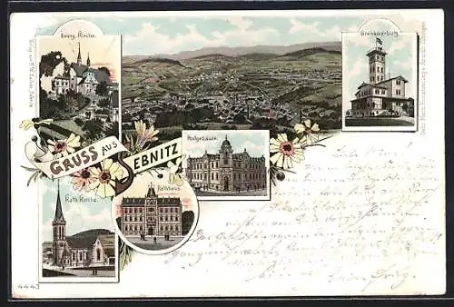 Lithographie Sebnitz, evangelische Kirche, katholische Kirche, Grenadierburg, Postgebäude, Rathaus, Blumen