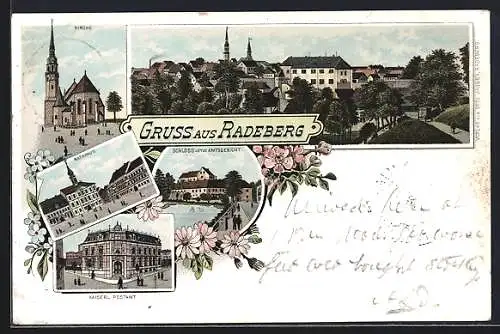 Lithographie Radeberg, Schloss jetzt Amtsgericht, Rathaus, Kaiserliches Postamt