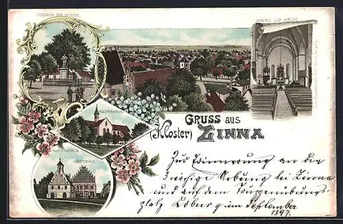 Lithographie Zinna / Kloster, Klosterkirche mit Innenansicht, Friedrich der Grosse-Denkmal, Klostergebäude, Fürstenhaus