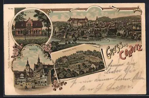 Lithographie Colditz, Luisa Heim, Schlobach`s Berg, Marktplatz, Totale