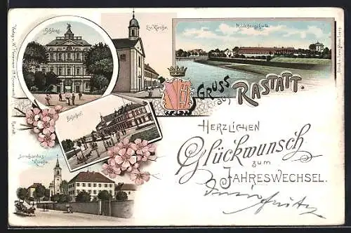 Lithographie Rastatt, Ortsansicht mit Evang. Kirche und Mädchenschule