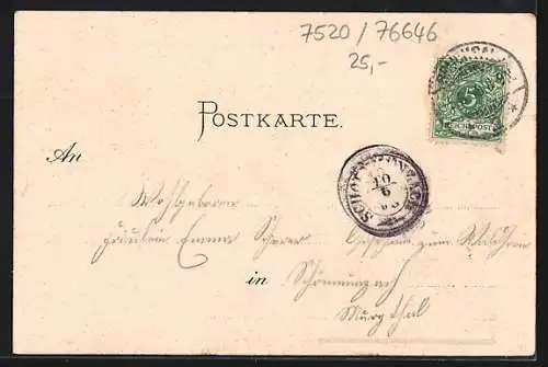 Lithographie Bruchsal, Schlosshof, Stadtkirche, Peters-Kirche, Gymnasium, Kriegerdenkmal