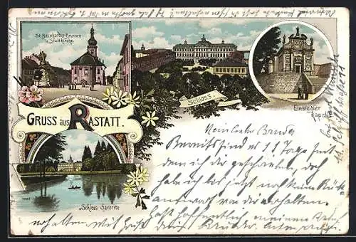 Lithographie Rastatt, St. Bernhardus-Brunnen und Stadtkirche, Schloss, Einsiedler-Kapelle, Schloss Favorite