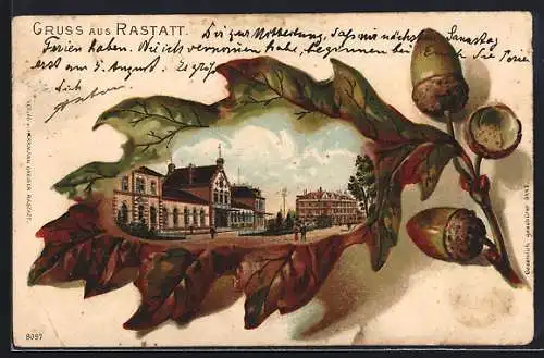 Passepartout-Lithographie Rastatt, Ortspartie im Eichenblatt