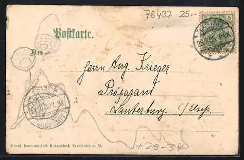 Passepartout-Lithographie Rastatt, Ortspartie im Eichenblatt