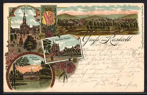 Lithographie Rastatt, Kath. Kirche, Einsiedlerkapelle, Schloss Favorite, Ortsansicht