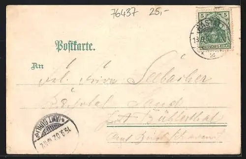 Lithographie Rastatt, Kath. Kirche, Einsiedlerkapelle, Schloss Favorite, Ortsansicht