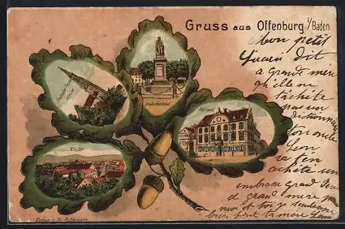 Passepartout-Lithographie Offenburg i. Baden, Ortsansicht mit Drakedenkmal und Rathaus