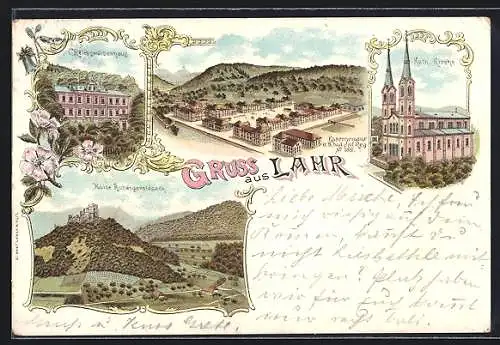 Lithographie Lahr / Baden, Kaserne d. 8. Bad. Inf. Regt. No. 169, Kath. Kirche, Reichswaisenhaus, Ruine Hohengeroldseck