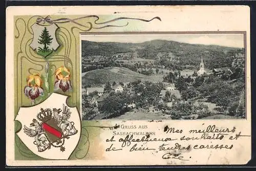 Passepartout-Lithographie Sasbachwalden, Ortsansicht, Wappen