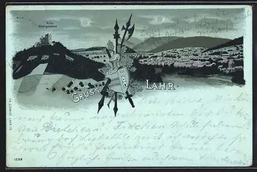 Mondschein-Lithographie Lahr, Ruine Hohengeroldseck und Totalansicht