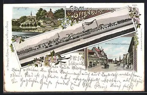 Lithographie Offenburg i. B., Hauptstrasse mit Markt und Rathaus, Zwinger-Anlagen, Panorama