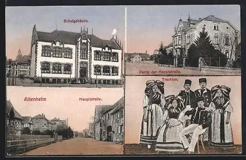 AK Altenheim, Schulgebäude, Anwohner in Trachten, Hauptstrasse