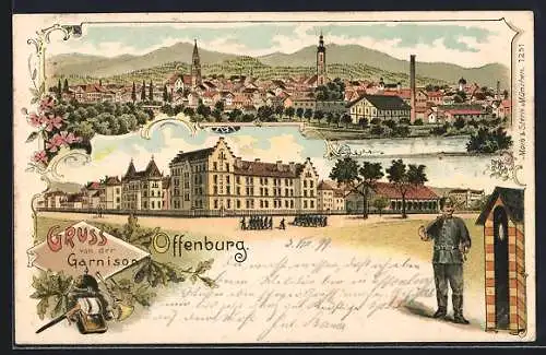 Lithographie Offenburg, Blick zur Kaserne, Soldat steht auf Wacht am Schilderhaus, Stadtpanorama