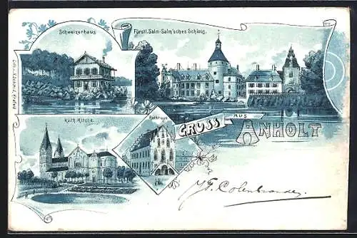 Lithographie Anholt, Schweizerhaus, Fürstl. Salm-Salm`sches Schloss, kath. Kirche, Rathaus