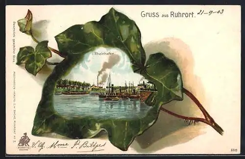 Passepartout-Lithographie Ruhrort, Rheinhafen im Weinblatt