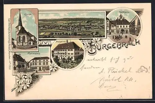Lithographie Burgebrach, Marienplatz, Amtsgericht, Kirche, Rathaus