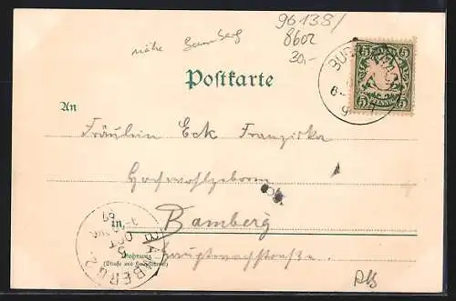 Lithographie Burgebrach, Marienplatz, Amtsgericht, Kirche, Rathaus