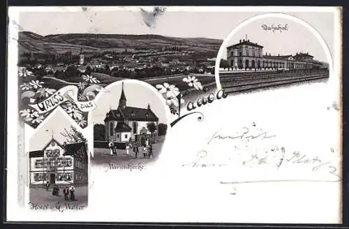 Lithographie Lauda, Hotel v. G. Müller, Bahnhof, Marienkirche