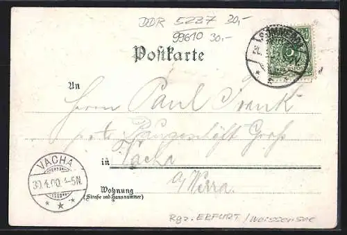 Lithographie Sömmerda, Gewehrfabrik, Pfarre, Post in der Bahnhofstrasse