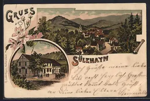 Lithographie Sülzhayn, Gasthaus zur Post, Ortsansicht