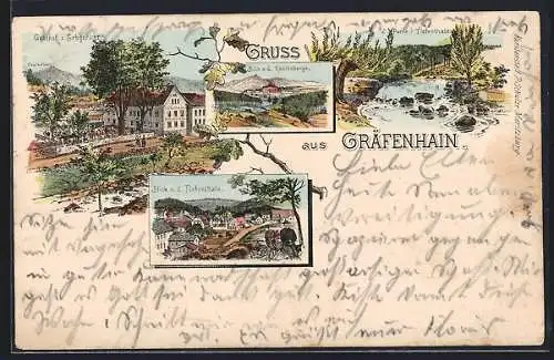 Lithographie Gräfenhain / Königsbrück, Gasthof zum Erbgericht, Blick zum Keulenberg