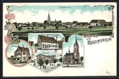 Lithographie Rheinsheim, Postagentur und Handlung Carl Saur Wwe., Bahnhof, Pfarrhaus