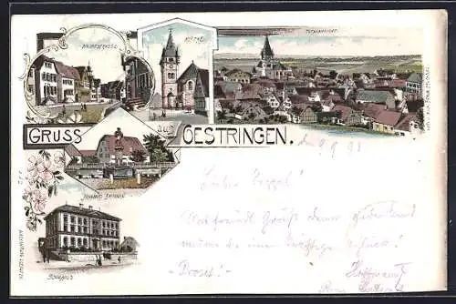 Lithographie Oestringen, Schule, Johannes-Brunnen, Hauptstrasse