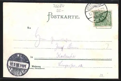 Lithographie Oestringen, Schule, Johannes-Brunnen, Hauptstrasse