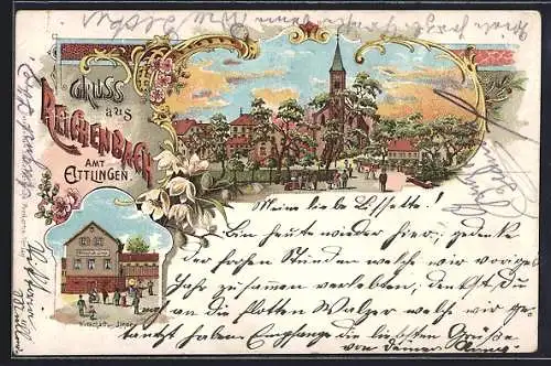 Lithographie Reichenbach /Amt Ettlingen, Gasthof zur Linde, Teilansicht mit Kirche bei Abendstimmung