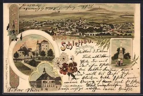 Lithographie Schlettau / Erzgeb., Platz mit dem Rathaus, Schloss, Kriegerdenkmal, Panoramaansicht mit Scheibenberg
