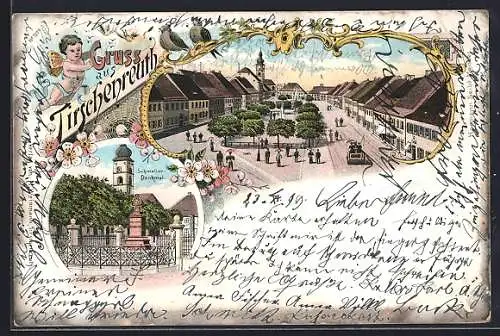 Lithographie Tirschenreuth, Schmeller-Denkmal, Blick auf einen Platz