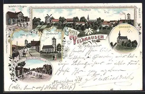 Lithographie Veldhausen, Wirtschaft J. S. Borggreve, reformierte und altreformierte Kirche