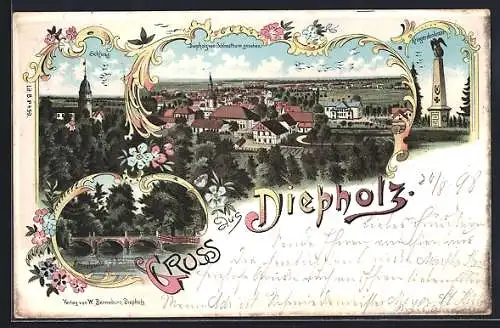 Lithographie Diepholz, Kriegerdenkmal, Lohnebrücke, Schloss