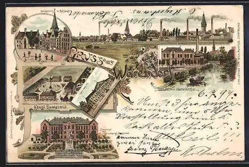 Lithographie Warendorf, Königl. Landgestüt, Marktplatz mit Rathaus, Klosterkirche