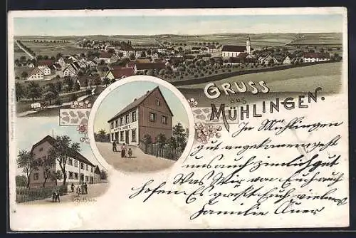 Lithographie Mühlingen, Schulhaus, Geschäft Otto Weit und Panorama