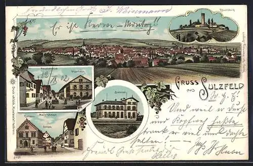 Lithographie Sulzfeld / Baden, Bahnhof, Hauptstrasse mit Pfarrhaus, Ravensburg, Kirche