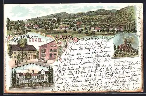 Lithographie Obersasbach bei Achern, Gasthaus zum Engel, Marienheim und Brigittenschloss