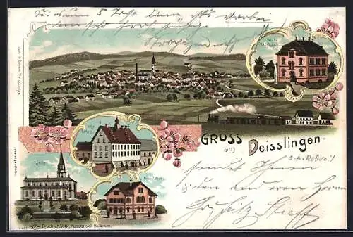 Lithographie Deisslingen, Schule und Rathaus, Kirche, Pumpstation, Neued Pfarrhaus, Totalansicht