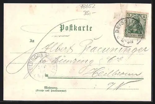 Lithographie Deisslingen, Schule und Rathaus, Kirche, Pumpstation, Neued Pfarrhaus, Totalansicht