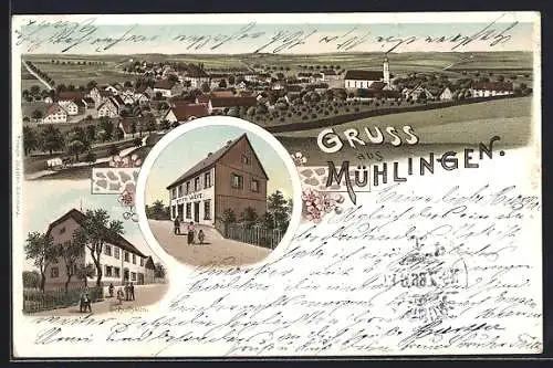 Lithographie Mühlingen, Gasthaus Otto Weit, Schulhaus, Panorama