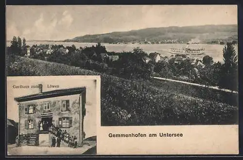 AK Hemmenhofen am Untersee, Gasthaus zum Löwen, Ortsansicht mit Dampfer