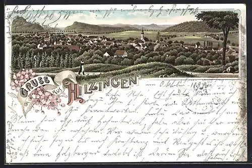 Lithographie Hilzingen, Ortsansicht aus der Vogelschau