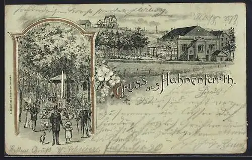 Mondschein-Lithographie Hahnenfurth, Gasthaus mit Besuchern und Pavillon
