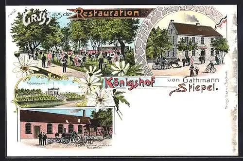 Lithographie Bochum, Restaurant Königshof von Gathmann Stiepel, Hochbassin, Fabrik Landwirtschaftlicher Maschinen