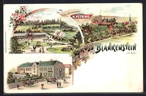 Lithographie Blankenstein a. d. Ruhr, Hotel und Restaurant von H. Petring, Ortsansicht